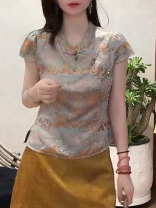 Shalldoer | Áo sơ mi cổ đứng họa tiết thêu phong cách Trung Hoa mới dành cho nữ mùa hè thiết kế độc đáo đẹp mắt chất liệu cotton thường ngày