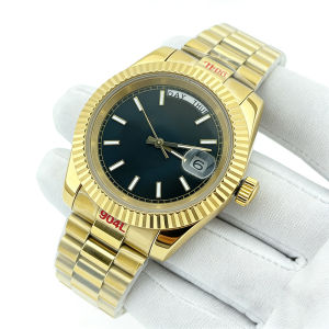 OUMASHI 36mm/39mm Two Tone Gold Watch Men‘s MIYOTA8285 Movement Fluted Bezel Sapphire Glass Black Dial Date Waterproof Watch