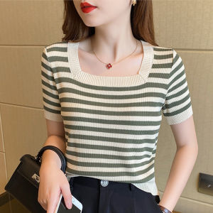 ⚜️SF Women T-shirt Korean Style Striped Round Neck Short Sleeved Knitted Top
