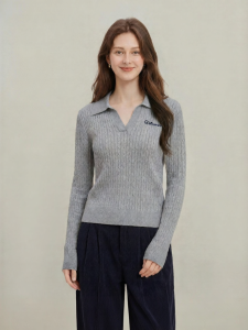 INMAN | Slim Fit Grey Polo Embroidery Stitch Sweater