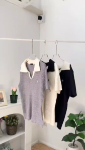 พร้อมส่ง🍒เสื้อไหมพรมคอปกแขนสั้น คอวี ลายถักเกลียว สาวอวบ แฟชั่นเกาหลี ผ้านุ่มใส่สบาย อก35-42นิ้ว#600