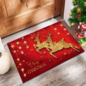 VIKAMA Xmas Front Door Mat Festive Bell Bow Holly Letter Print Non Slip Floor Mat For Indoor Outdoor Entry Xmas Decor