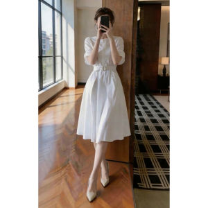 NIUVIES | French Style White Shirt Dress Waist Cinched
