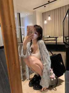 Korean Style Early Autumn Light Carved Cashmere Hollow out Knitted Sweater Coat Womens Thin Cardigan V-neck Long Sleeve Loose Fit