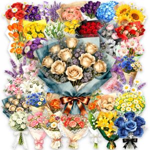 50 Pcs Watercolor Floral Bouquet PET Clear Stickers Student Scrapbook Phone Stationery Box Suitcase Album Skate Waterproof Decal