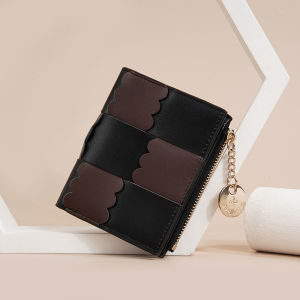Womens Short Wallet Knitted Card Holder Coin Pocket Integrated Design Small Fresh Style Polyester Lining Zipper Closure PU Material