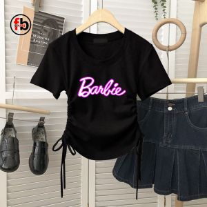 atasan wanita barbie serut 2 sisi lengan pendek