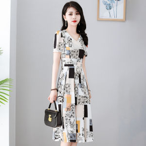 MAIMEI | Elegant Summer Midi Dress Womens Fashion Brand New 2025 High-End Chiffon Skirt V-Neck Short Sleeve A-Line Citywalk Print Dress