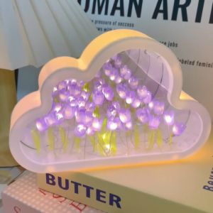 LED ทิวลิปดอกไม้โคมไฟกลางคืน โคมไฟกระจกรูปเมฆ 3D สร้างสรรค์ DIY Handmake บรรยากาศ สําหรับวันเกิดวาเลนไทน์ตกแต่งคริสต์มาส
