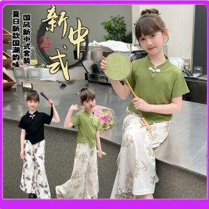 Summer Girls Short Sleeve Wide Leg Pants Two-Piece Cotton Baby T-Shirt Chinese Style National Style Set for Children And Babies