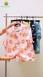 Bộ pijama lanh nữ Việt Thắng quần đùi áo cộc tay họa tiết dễ thương mặc nhà mát mẻ B03.6107