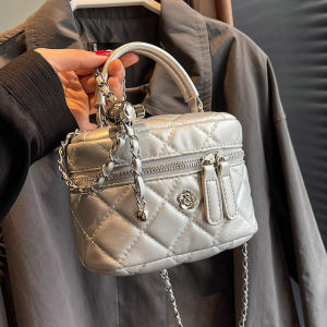 Silver Embroidered Bucket Bag Womens Fashion Trend Crossbody Shoulder Mini Chain Handbag Soft PU Pure Color Zipper Closure