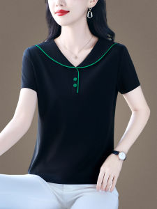 Ice Silk Short Sleeve T-Shirt Womens Summer New Fashion Navy Collar Half Sleeve Loose Top Casual Style Pure Color Moisture Wicking