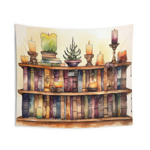 VIKAMA Retro Watercolor Bookshelf Tapestry Warm Healing Background Cloth Literary Study Room Decoration Room Decoration