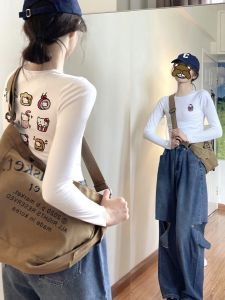 White High Waist Base Shirt Long Sleeve Womens T-shirt Short Style Printed Slim Fit Inner Wear Creative Cotton Blend