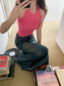 American Style Womens Neck Tie Vest Slim Fit Knitted Cotton Top for Summer Open Back Patchwork 3D Decoration Work Clothing