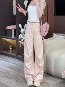 Summer Quick Dry Ice Silk Wide Leg Pants Womens Style Casual Drawstring High Waist Loose Fit Workwear Trousers Pink Color