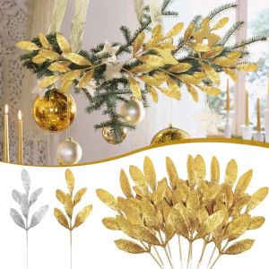 【iloverosemerry】10Pcs Artificial Shiny Gold Powder Olive Leaf Branch Simulated Glitter Plant DIY Christmas Tree Wreath Garland Ornament New Year Party Home Decor Props