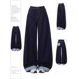 กางเกงยีนส์ทรงตรงเอวสูงผ้าขนหนูลายสก็อตสไตล์อเมริกันสำหรับผู้หญิงไซส์ใหญ่ ฤดูใบไม้ผลิและฤดูใบไม้ร่วง กางเกงขายาวทรงหลวม
