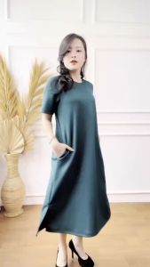 Mihar Store: Dress Wanita Minirib Knit Bertexture Garis & Midi Dress Lengan Pendek Slim