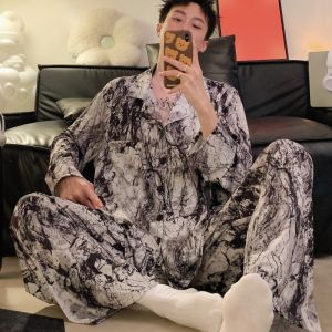 Tagkita ชุดนอนคู่รักขนาดใหญ่ชุดแขนยาวผ้าไหมน้ําแข็งสไตล์บางเสื้อผ้าบ้านพอดีตัวสําหรับฤดูใบไม้ผลิและฤดูใบไม้ร่วง