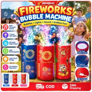 JBMBHC Electric Bubble Maker With Fireworks Sound Effects And 7 Color LED Lights One Key Start Continuous Bubbling For Birthday Wedding Spring Festival Party