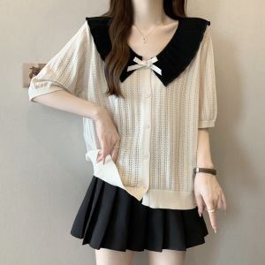 AIYITI | Slimming T-Shirt Covering Stomach Knitted Lace Doll Collar Short Sleeve