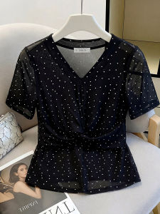 SHIMANQING | Dotted V-Neck Slimming Irregular Hem Blouse