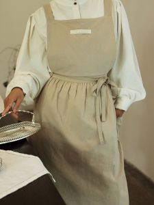 Three Wood Qing He Apron Womens Kitchen Home Use 2025 New Cooking High Aesthetic Baking Gardening Cotton Pleated Waist Apron