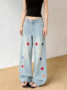 MANMI | Quần Jeans Dây Rộng Thêu Đùi Cao Rộng Thoáng Thẳng