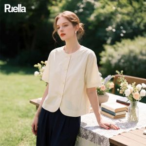 puella | Áo Sơ Mi Giảm Cân Tay Ngắn Cổ Tròn Phong Cách Pháp