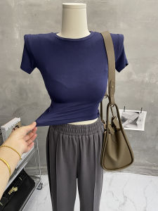 Basic round Neck Solid Color Short Sleeve T-Shirt Womens Korean Style Spring Summer Short Tight Base Layer Spicy Girl Top
