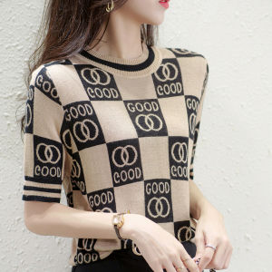 LUCKIN STORE Áo Thun Kẻ Sọc Ngắn Tay Cho Nữ Áo Cổ Tròn Dệt Kim Dáng Rộng Hàn Quốc Áo Mới Mùa Hè Áo Kẻ Sọc