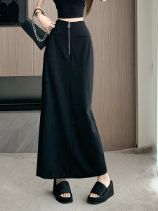 Elegant High Waist Black Long Suit Skirt Womens Early Autumn Straight Cut H-Line Polyester Fiber Zipper Korean Style Commute