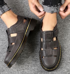 Large Size Mens Sandals Leather Upgraded Version Summer New Head Cover Beach Shoes Hollow out Casual Leather Mens Footwear