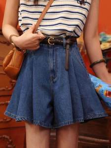 Retro Hong Kong Style High Waist A-Line Mini Denim Skirt Womens Summer New Fashion Slimming Short Pants Trendy Deep Blue