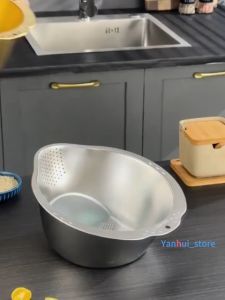 Baskom Stainless Steel SUS 304 Tebal Dapur Wadah Cuci Beras Buah Sayur Baskom Dapur Bakul Saringan
