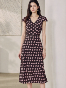 Roey s house | Summer High-Quality V-Neck Tie Daisies Fish Tail Mid-Length Dress
