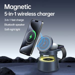 ZUZG 5in 1 Wireless Charging Station with Speaker And Night-Lamp Magnetic Fast Wireless Charger Stand Travel Portable Charger for iPhone 17 16 15 14 13 12 11 Pro Max XR XS for Watch 10~ 2 SE for Pro 3 2 Multiple Devices