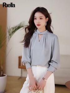puella | Lapel Blue Hollow Out Shirt