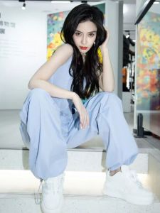 Loose Womens Blue Folded Work Trousers Drawstring Casual Thin Style Korean Version High Waist Straight Leg Pants