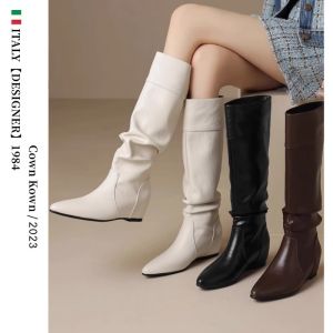 Cown Kown Designer Fashionable Genuine Leather Pleated Long Boots Womens Heightening 4cm Winter Rain Shoes TPR Material