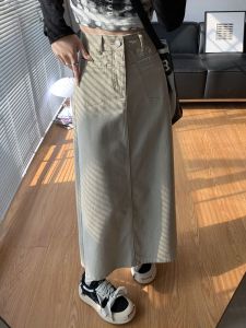 สูง เอว ทรงเอ Midi เดนิม กระโปรง สําหรับผู้หญิง ฤดูใบไม้ผลิ ฤดูร้อน สไตล์ใหม่สีบริสุทธิ์ หลากหลาย กลับแยกครึ่งตัว กระโปรง