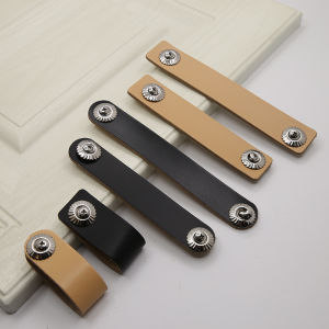 Cabinet Door Handle No-Drill Surface-Mounted Leather Handle Modern Simple Drawer Wardrobe Black Leather Cabinet Handle 橱柜门拉手 免打孔明装皮拉手 现代简约抽屉衣柜黑色皮革皮料柜把手 FUNIANQI