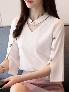 2025 Summer New Korean Style V-Neck Shaping Short Sleeve Womens Chiffon Top Sweet Fairy-Like Versatile Sweetheart Blouse