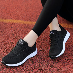 Women Korean Style Mesh Breathable Sneakers Lightweight Flat Leisure Black Rubber Running Shoes