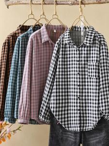 เสื้อเชิ้ตผู้หญิงแขนยาวลายสก็อตสองชั้นผ้าฝ้ายแท้เนื้อนุ่ม สไตล์ลำลอง ทรงหลวม คอกลม ปิดด้วยกระดุม ทรงปกติ