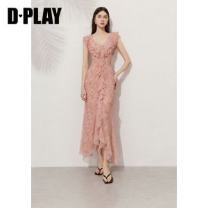 D-PLAY | Pastoral Style Pink Floral Double Ruffle Decorated Long Dress