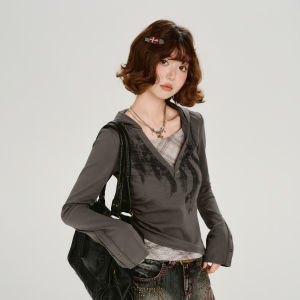 Retro American Print Fake Two-Piece Slim Fit Hooded T-shirt