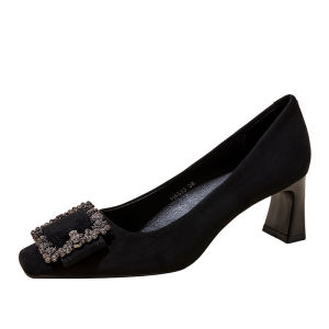 รองเท้าส้นสูงหนังแกะสีดำสำหรับผู้หญิง รองเท้าทำงานลำลองสบาย ส้นหนา รองเท้าสวมแบบสวมสบายสำหรับใส่ไปทำงาน